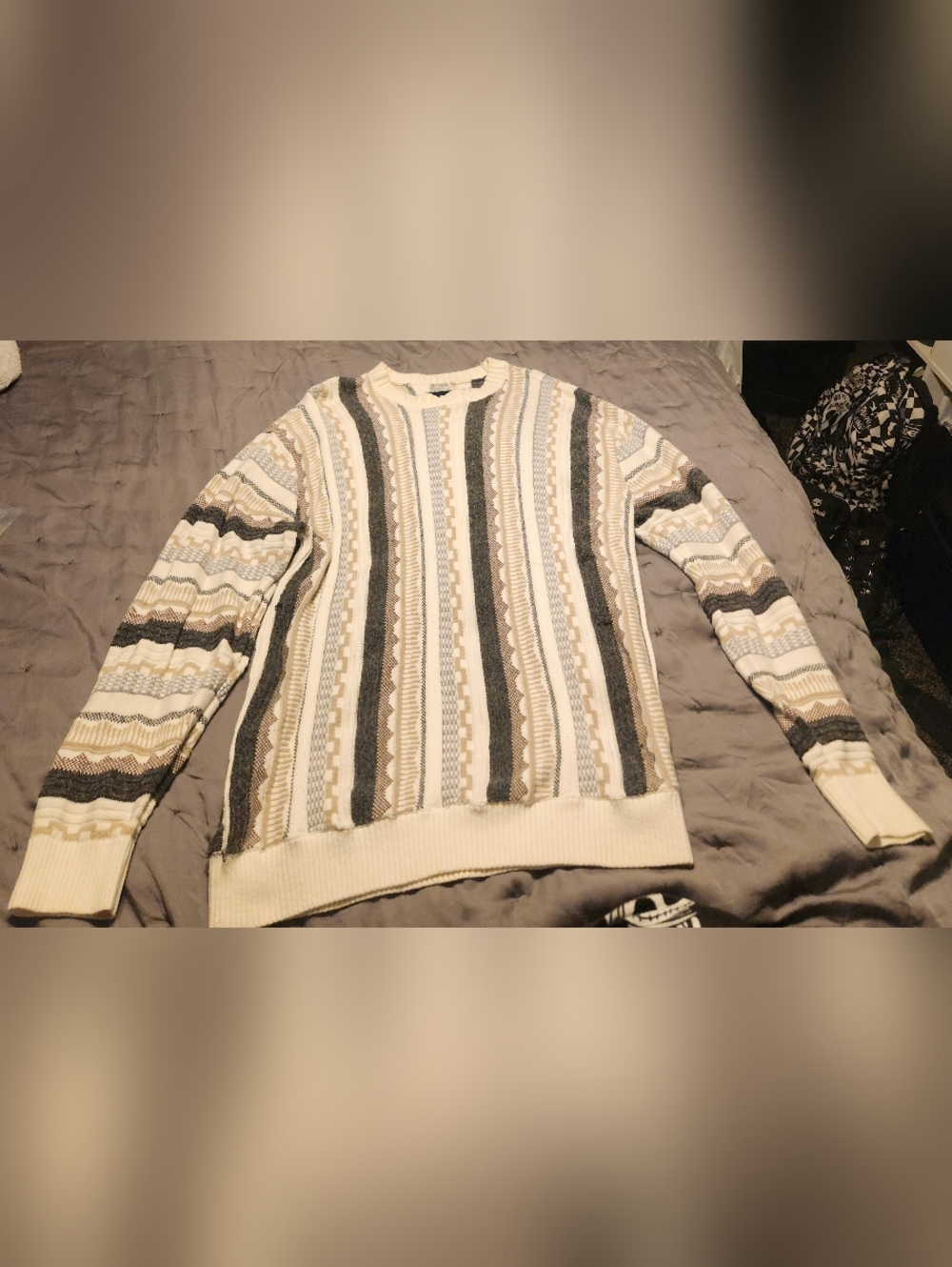 Hollister Cream Striped Crewneck Sweater with Brown and Gray Accents